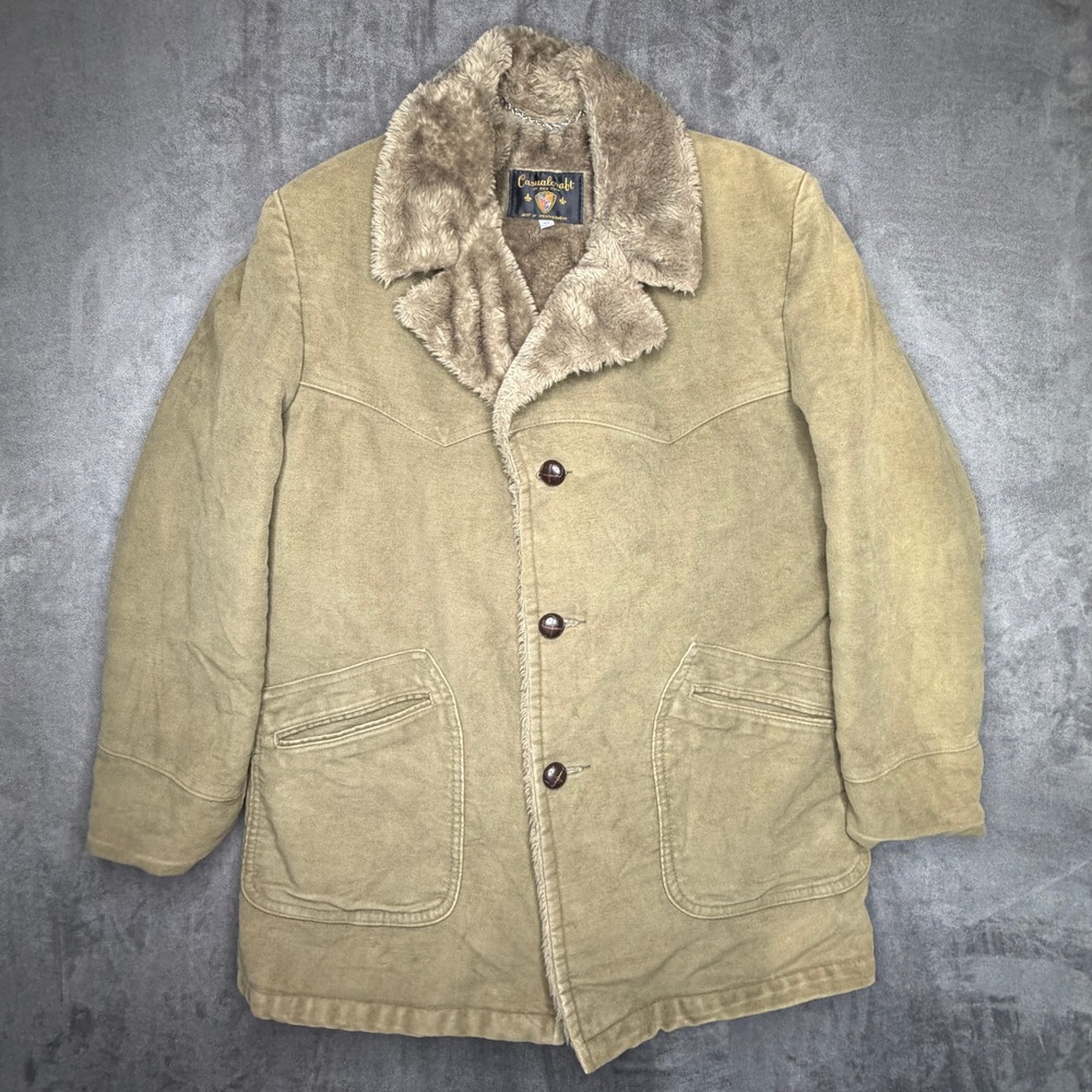 Vtg Casualcraft New York Mens Cotton Suede Shearling Lined Winter Coat 44 Green